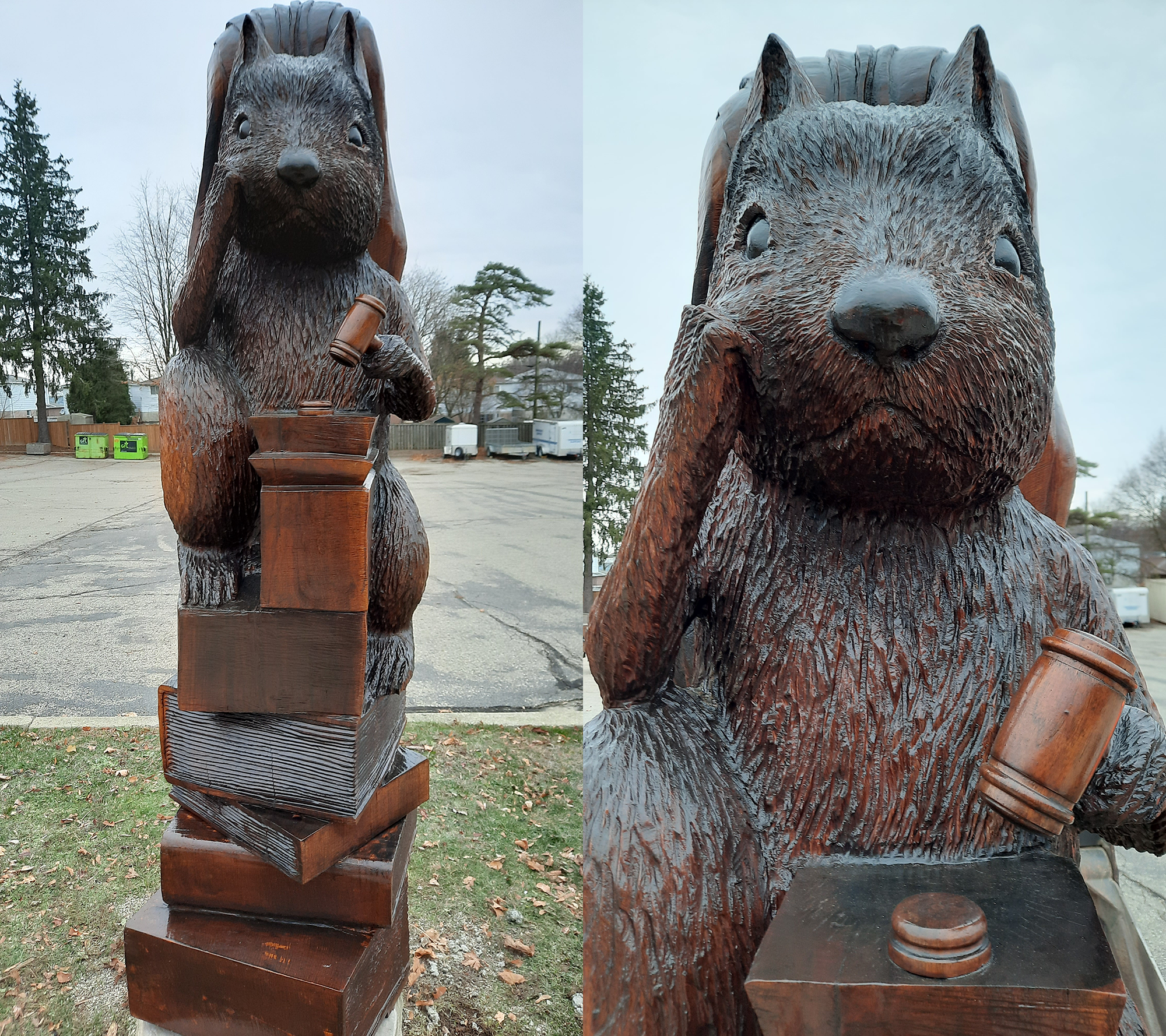 A carved squirrel sitting on top of a stack of books thinking